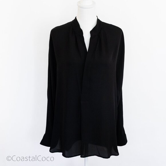Polo Ralph Lauren M Split-Neck Top 100% Silk Black Relaxed Office Business - Picture 1 of 11